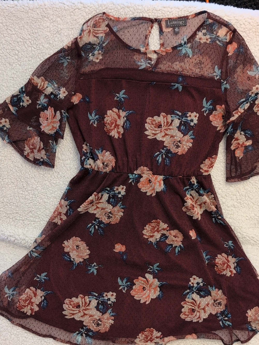 Luxology Burgundy Floral Mini Dress with Peach & Blue Accents